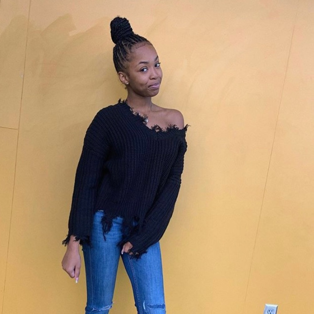 Drop shoulder distressed hem Sweater